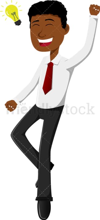 Black businessman skipping at the thought of new idea. PNG - JPG and vector EPS file formats (infinitely scalable). Image isolated on transparent background.