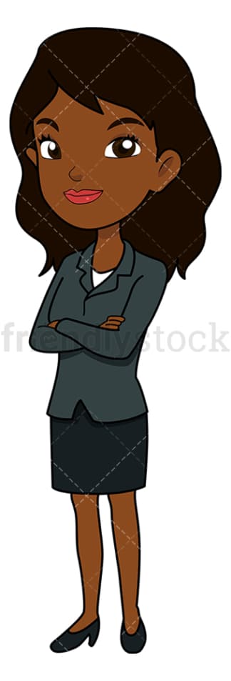 Black businesswoman with arms crossed. PNG - JPG and vector EPS file formats (infinitely scalable). Image isolated on transparent background.