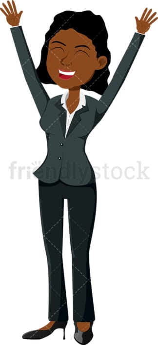 Black female professional with her hands up in the air. PNG - JPG and vector EPS file formats (infinitely scalable). Image isolated on transparent background.