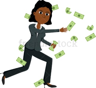 Black woman trying to catch money bills swirling around. PNG - JPG and vector EPS file formats (infinitely scalable). Image isolated on transparent background.