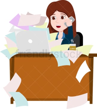 Woman trying to talk on the phone while working. PNG - JPG and vector EPS file formats (infinitely scalable). Image isolated on transparent background.