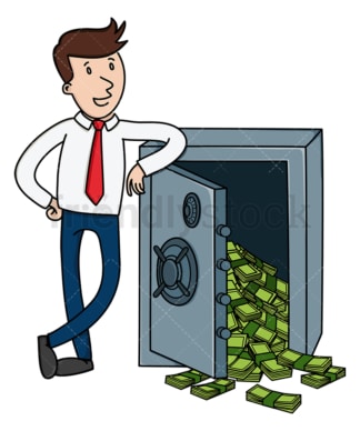 Businessman leaning on safe full of money. PNG - JPG and vector EPS (infinitely scalable).