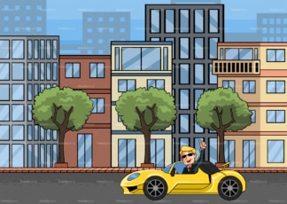Cocky businessman driving sports car in the city. PNG - JPG and vector EPS file formats (infinitely scalable). Image isolated on transparent background.