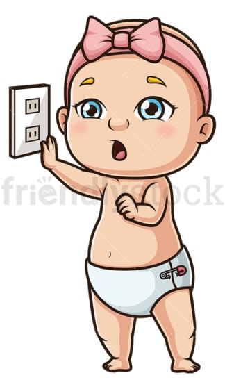 Curious baby girl near plug. PNG - JPG and vector EPS (infinitely scalable).