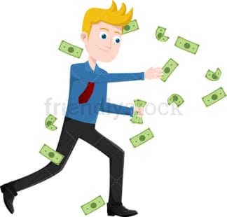 Man busily trying to catch dollar bills. PNG - JPG and vector EPS file formats (infinitely scalable). Image isolated on transparent background.
