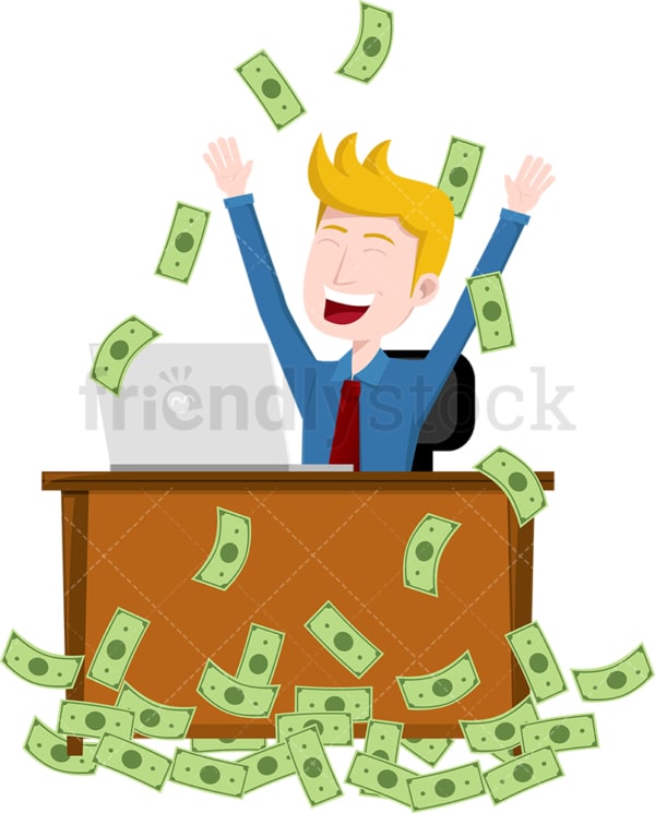 Man having moment at work as money rain down on him. PNG - JPG and vector EPS file formats (infinitely scalable). Image isolated on transparent background.