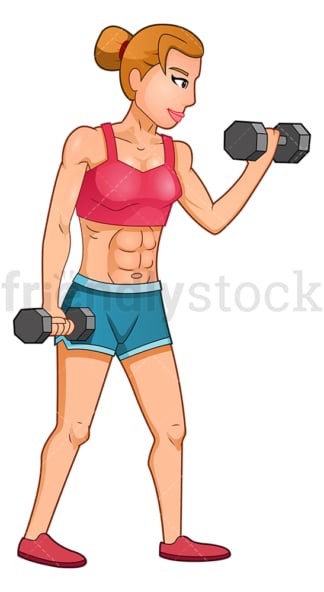 Muscular woman bicep curl exercises with dumbbells. PNG - JPG and vector EPS (infinitely scalable).