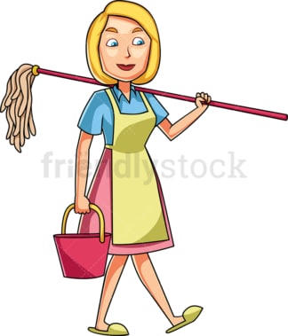 Woman carrying mop and bucket. PNG - JPG and vector EPS file formats (infinitely scalable). Image isolated on transparent background.