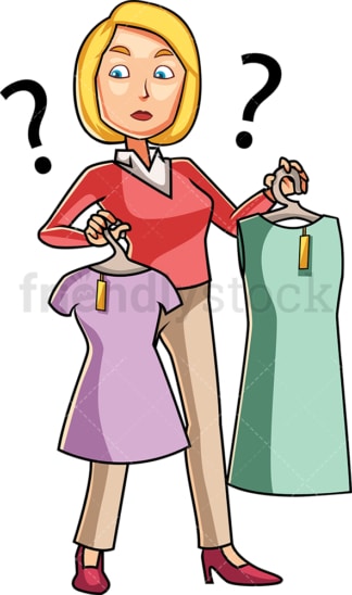 Woman choosing between shirt and dress. PNG - JPG and vector EPS file formats (infinitely scalable). Image isolated on transparent background.