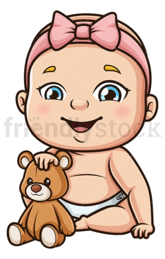 Baby girl playing with teddy bear. PNG - JPG and vector EPS (infinitely scalable).