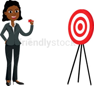Black businesswoman about to throw dart. PNG - JPG and vector EPS file formats (infinitely scalable). Image isolated on transparent background.