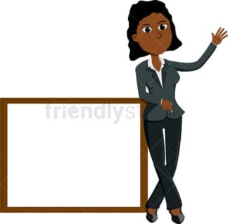 Black businesswoman standing near presentation board. PNG - JPG and vector EPS file formats (infinitely scalable). Image isolated on transparent background.