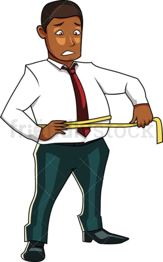Black fat man measuring his waist. PNG - JPG and vector EPS file formats (infinitely scalable). Image isolated on transparent background.
