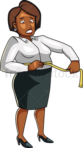 Black fat woman measuring her waist. PNG - JPG and vector EPS file formats (infinitely scalable). Image isolated on transparent background.