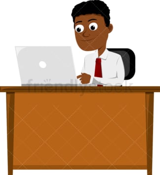 Black man using on laptop at the office. PNG - JPG and vector EPS file formats (infinitely scalable). Image isolated on transparent background.