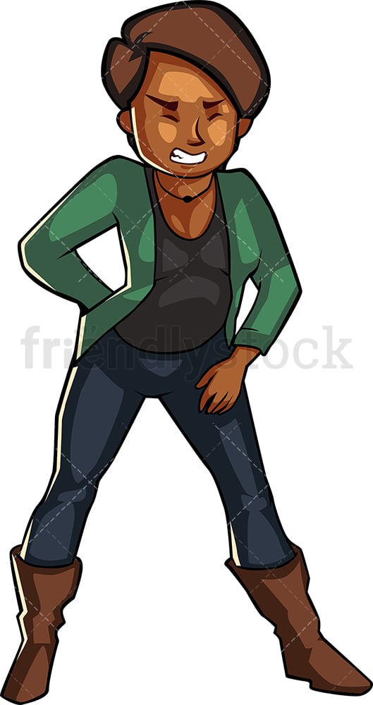 Black woman dealing with back pain. PNG - JPG and vector EPS file formats (infinitely scalable). Image isolated on transparent background.