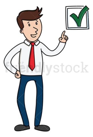 Businessman pointing to green check mark. PNG - JPG and vector EPS (infinitely scalable).