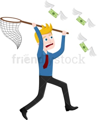 Man chasing down money with net. PNG - JPG and vector EPS file formats (infinitely scalable). Image isolated on transparent background.