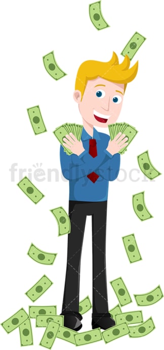 Man standing amidst deluge of money raining down. PNG - JPG and vector EPS file formats (infinitely scalable). Image isolated on transparent background.