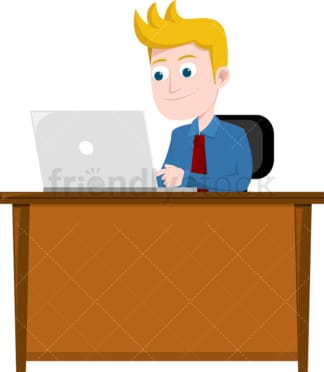 Smiling man typing on laptop at work. PNG - JPG and vector EPS file formats (infinitely scalable). Image isolated on transparent background.
