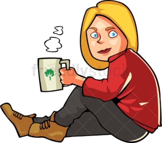 Woman drinking hot coffee sitting outside. PNG - JPG and vector EPS file formats (infinitely scalable). Image isolated on transparent background.