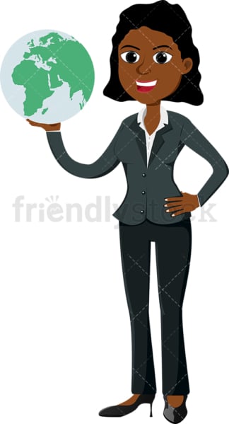 Black businesswoman holding the world in her palm. PNG - JPG and vector EPS file formats (infinitely scalable). Image isolated on transparent background.