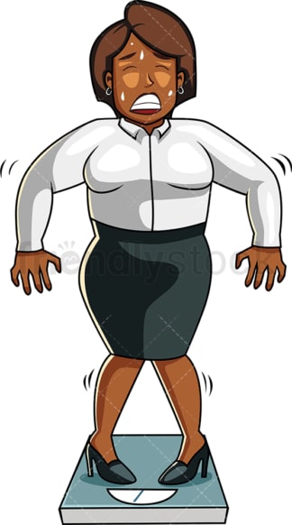 Black businesswoman on weight scale. PNG - JPG and vector EPS file formats (infinitely scalable). Image isolated on transparent background.