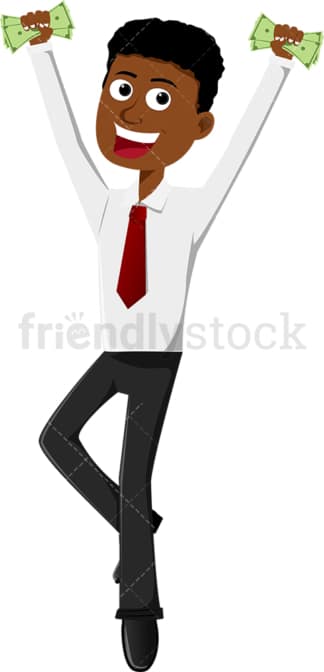 Black man skipping while holding cash in each hand. PNG - JPG and vector EPS file formats (infinitely scalable). Image isolated on transparent background.