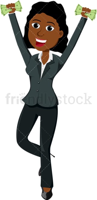 Black woman jumping while holding cash in each hand. PNG - JPG and vector EPS file formats (infinitely scalable). Image isolated on transparent background.