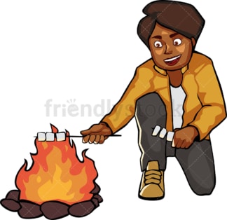 Black woman roasting marshmallows by the campfire. PNG - JPG and vector EPS file formats (infinitely scalable). Image isolated on transparent background.