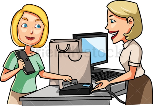 Female consumer paying with credit card. PNG - JPG and vector EPS file formats (infinitely scalable). Image isolated on transparent background.