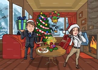 Happy couple in their house after christmas shopping. PNG - JPG and vector EPS file formats (infinitely scalable). Image isolated on transparent background.