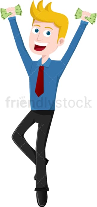 Man jumping for joy with his fists full of money. PNG - JPG and vector EPS file formats (infinitely scalable). Image isolated on transparent background.