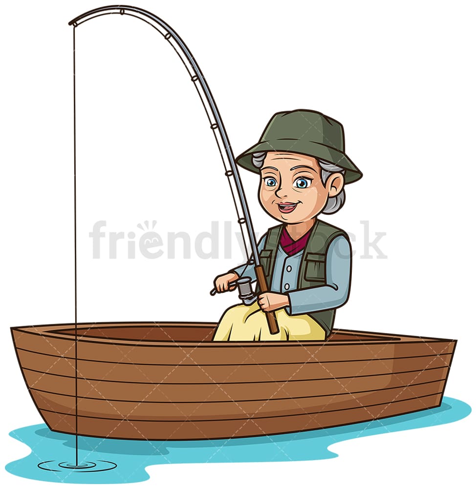 Download Mature Woman Fishing In A Boat Cartoon Clipart Vector - FriendlyStock