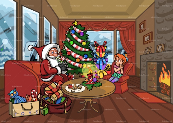Santa claus in living room with little girl. PNG - JPG and vector EPS file formats (infinitely scalable). Image isolated on transparent background.