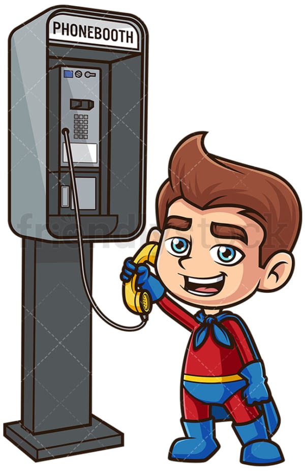 Superhero kid calling from phone booth. PNG - JPG and vector EPS (infinitely scalable).
