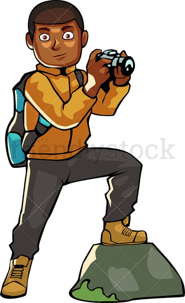Backpacking black man taking photo with camera. PNG - JPG and vector EPS file formats (infinitely scalable). Image isolated on transparent background.