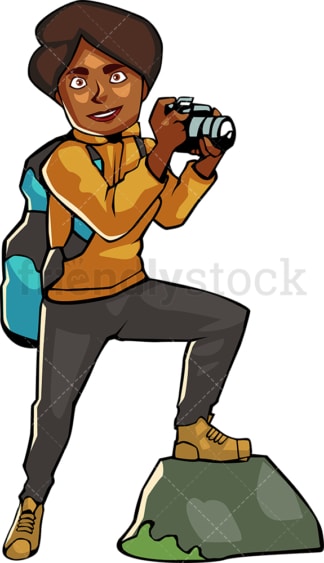 Backpacking black woman taking photo with camera. PNG - JPG and vector EPS file formats (infinitely scalable). Image isolated on transparent background.