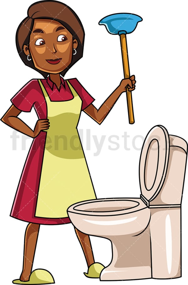 Black woman about to use plunger. PNG - JPG and vector EPS file formats (infinitely scalable). Image isolated on transparent background.
