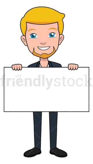 Businessman holding blank piece of poster board. PNG - JPG and vector EPS file formats (infinitely scalable). Image isolated on transparent background.