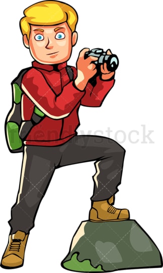 Man backpacking taking photo with camera. PNG - JPG and vector EPS file formats (infinitely scalable). Image isolated on transparent background.