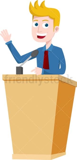 Man behind podium giving speech. PNG - JPG and vector EPS file formats (infinitely scalable). Image isolated on transparent background.