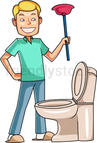 Man holding plunger near toilet. PNG - JPG and vector EPS file formats (infinitely scalable). Image isolated on transparent background.