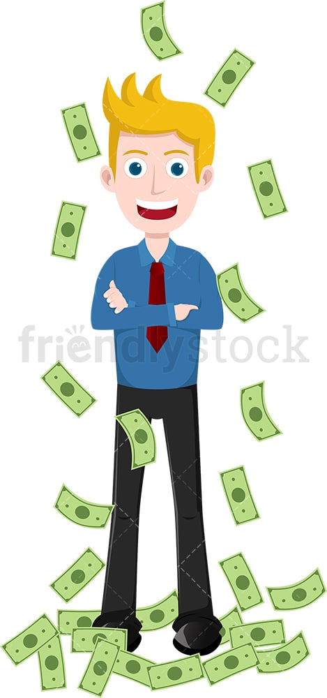 Man standing still as money rain down around him. PNG - JPG and vector EPS file formats (infinitely scalable). Image isolated on transparent background.