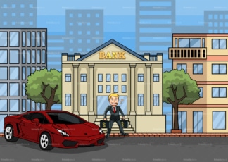 Man with supercar depositing money to the bank. PNG - JPG and vector EPS file formats (infinitely scalable). Image isolated on transparent background.