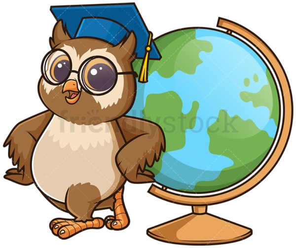 Owl geography teacher with globe. PNG - JPG and vector EPS (infinitely scalable).