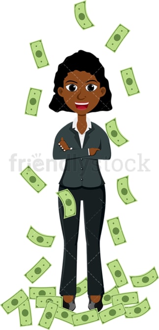 Poised black woman standing around money. PNG - JPG and vector EPS file formats (infinitely scalable). Image isolated on transparent background.