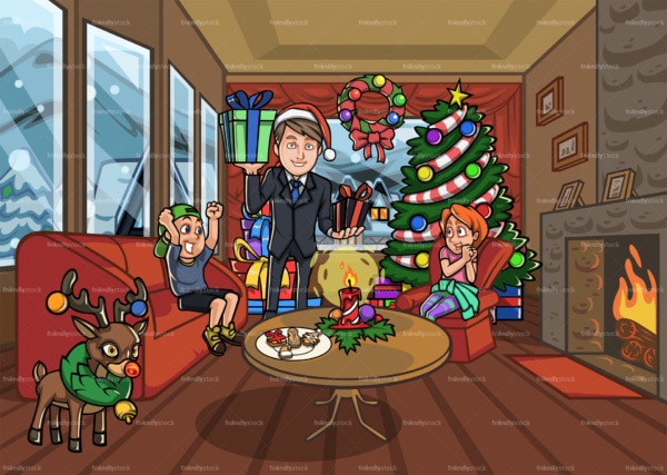 Two kids hanging out with their dad at christmas. PNG - JPG and vector EPS file formats (infinitely scalable). Image isolated on transparent background.