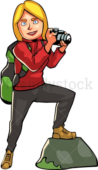 Woman backpacking taking photo with camera. PNG - JPG and vector EPS file formats (infinitely scalable). Image isolated on transparent background.