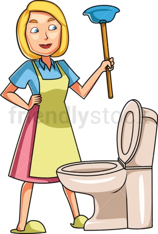 Woman holding toilet plunger. PNG - JPG and vector EPS file formats (infinitely scalable). Image isolated on transparent background.